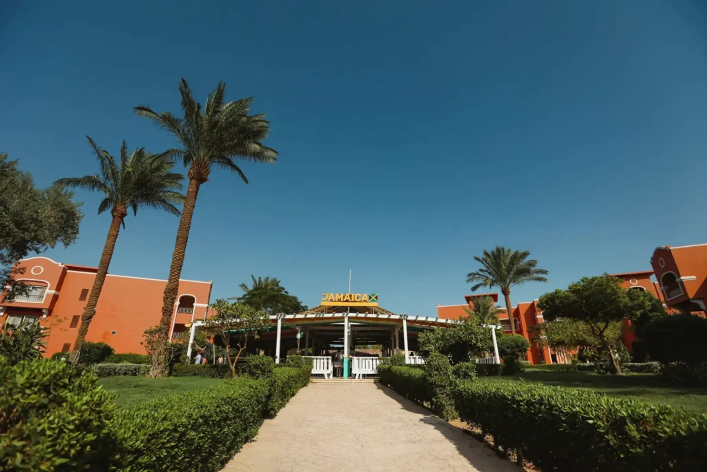 Entrance to Jamaica Bar at Caribbean World Resorts Hurghada located near the main pool area photographed by VirtuPeek