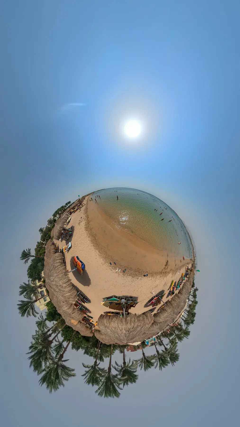 Private beach at Caribbean World Resorts Hurghada shown from above in a 360 tiny planet perspective